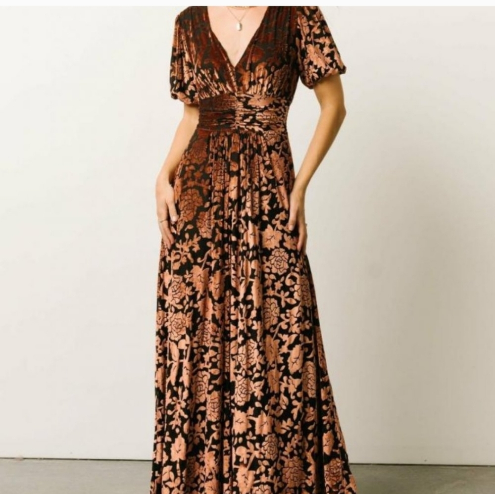 Baltic Born Leslie Velvet Maxi Dress Black & Bronze Floral Print SZ 2XL